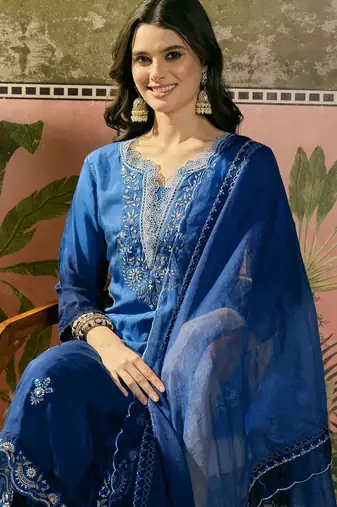 royal blue thread embroidered silk blend stitched straight trouser salwar suit set