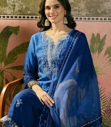 royal blue thread embroidered silk blend stitched straight trouser salwar suit set