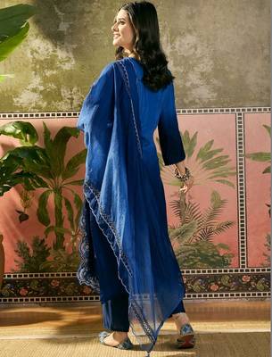 royal blue thread embroidered silk blend stitched straight trouser salwar suit set 3