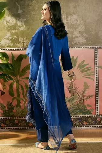 royal blue thread embroidered silk blend stitched straight trouser salwar suit set