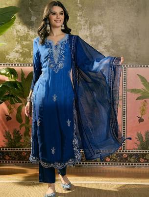 royal blue thread embroidered silk blend stitched straight trouser salwar suit set 1