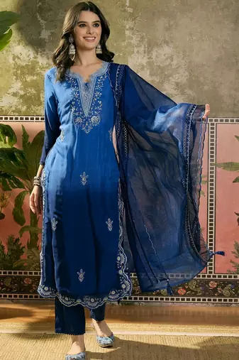 royal blue thread embroidered silk blend stitched straight trouser salwar suit set