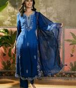 royal blue thread embroidered silk blend stitched straight trouser salwar suit set