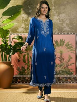 royal blue thread embroidered silk blend stitched straight trouser salwar suit set 4