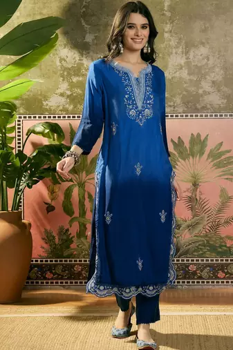 royal blue thread embroidered silk blend stitched straight trouser salwar suit set