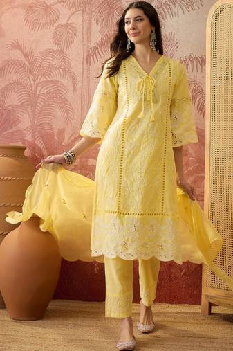 yellow thread embroidered cotton blend stitched straight trouser salwar suit set