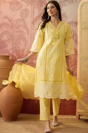 yellow thread embroidered cotton blend stitched straight trouser salwar suit set