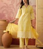 yellow thread embroidered cotton blend stitched straight trouser salwar suit set