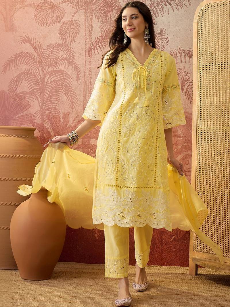 yellow thread embroidered cotton blend stitched straight trouser salwar suit set
