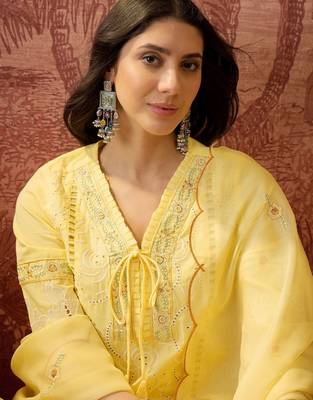 yellow thread embroidered cotton blend stitched straight trouser salwar suit set 2