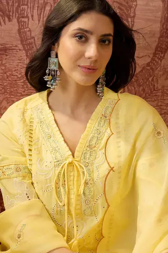 yellow thread embroidered cotton blend stitched straight trouser salwar suit set