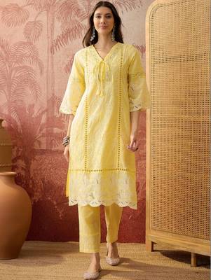 yellow thread embroidered cotton blend stitched straight trouser salwar suit set 4
