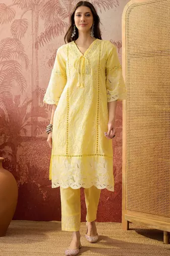 yellow thread embroidered cotton blend stitched straight trouser salwar suit set