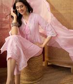 pink thread embroidered cotton blend stitched straight trouser salwar suit set