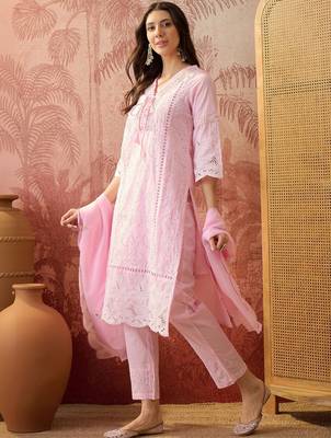 pink thread embroidered cotton blend stitched straight trouser salwar suit set 2