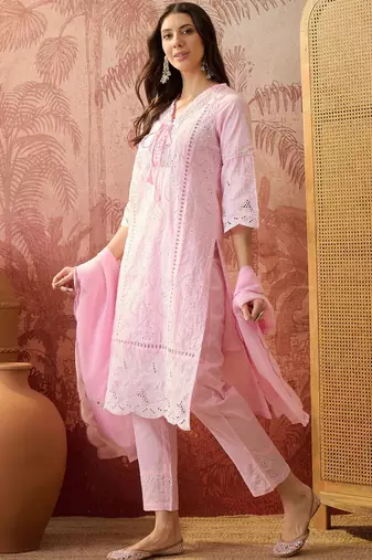pink thread embroidered cotton blend stitched straight trouser salwar suit set