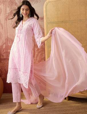 pink thread embroidered cotton blend stitched straight trouser salwar suit set 3
