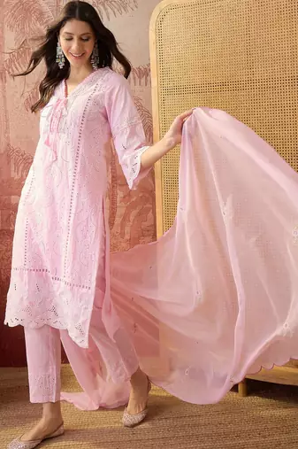 pink thread embroidered cotton blend stitched straight trouser salwar suit set