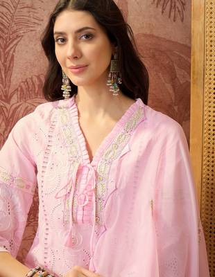pink thread embroidered cotton blend stitched straight trouser salwar suit set 4