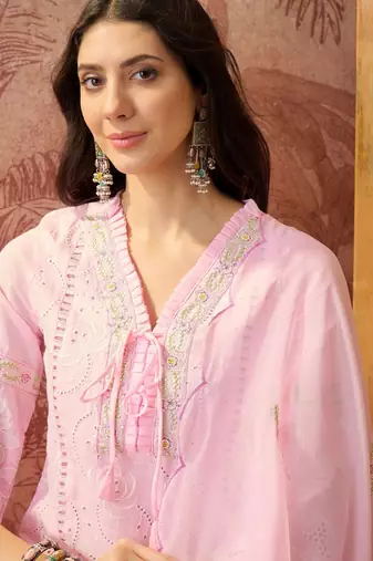 pink thread embroidered cotton blend stitched straight trouser salwar suit set