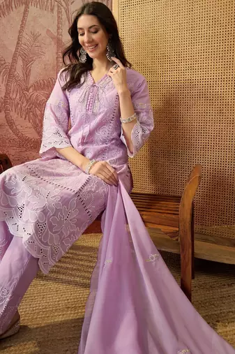lavender thread embroidered cotton blend stitched straight trouser salwar suit set
