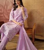 lavender thread embroidered cotton blend stitched straight trouser salwar suit set