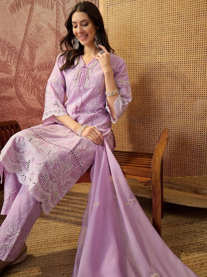 lavender thread embroidered cotton blend stitched straight trouser salwar suit set