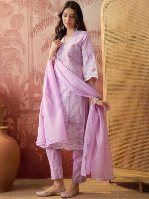 lavender thread embroidered cotton blend stitched straight trouser salwar suit set 2