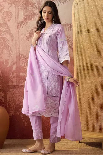 lavender thread embroidered cotton blend stitched straight trouser salwar suit set