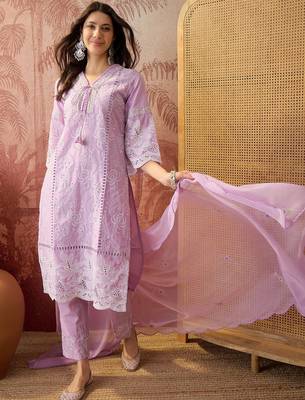 lavender thread embroidered cotton blend stitched straight trouser salwar suit set 3