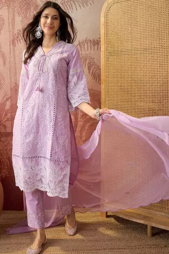 lavender thread embroidered cotton blend stitched straight trouser salwar suit set