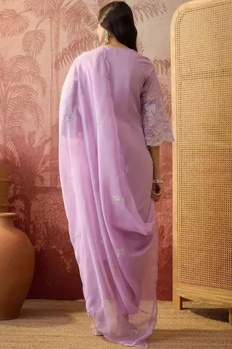lavender thread embroidered cotton blend stitched straight trouser salwar suit set