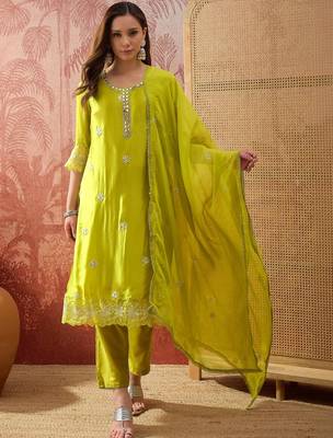 lime green zari embroidered silk blend stitched straight trouser salwar suit set 1