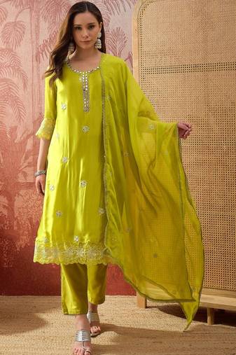 lime green zari embroidered silk blend stitched straight trouser salwar suit set