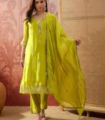 lime green zari embroidered silk blend stitched straight trouser salwar suit set