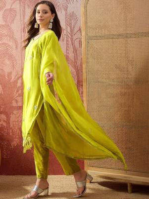lime green zari embroidered silk blend stitched straight trouser salwar suit set 2