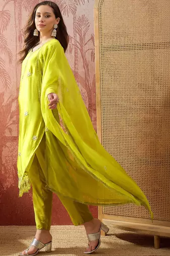 lime green zari embroidered silk blend stitched straight trouser salwar suit set