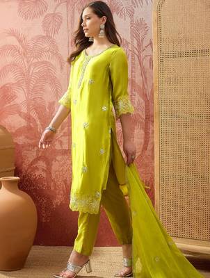 lime green zari embroidered silk blend stitched straight trouser salwar suit set 3