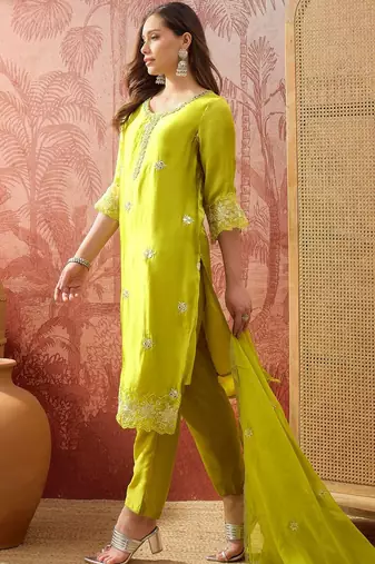 lime green zari embroidered silk blend stitched straight trouser salwar suit set