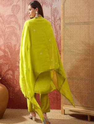 lime green zari embroidered silk blend stitched straight trouser salwar suit set 4