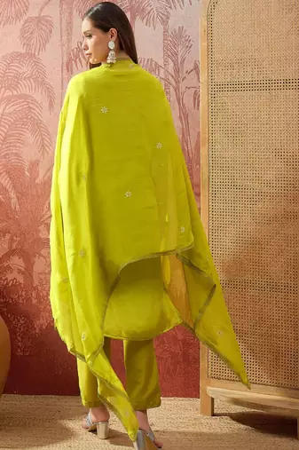 lime green zari embroidered silk blend stitched straight trouser salwar suit set