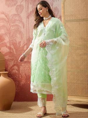 mint green thread embroidered cotton blend stitched straight trouser salwar suit set 1