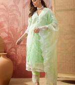 mint green thread embroidered cotton blend stitched straight trouser salwar suit set