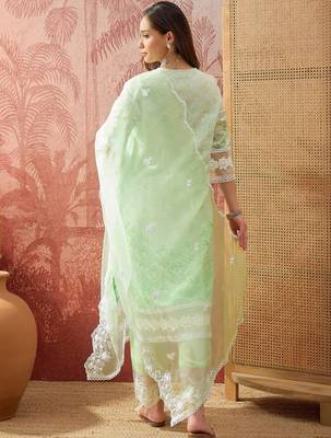 mint green thread embroidered cotton blend stitched straight trouser salwar suit set 2