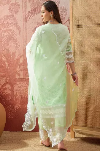 mint green thread embroidered cotton blend stitched straight trouser salwar suit set