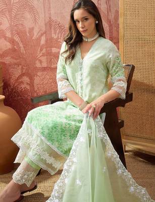 mint green thread embroidered cotton blend stitched straight trouser salwar suit set 3