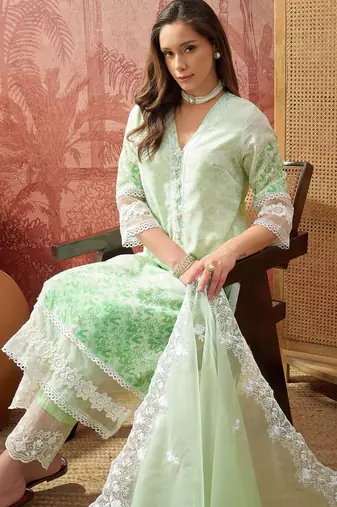 mint green thread embroidered cotton blend stitched straight trouser salwar suit set