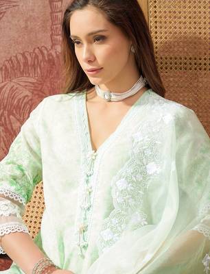mint green thread embroidered cotton blend stitched straight trouser salwar suit set 4