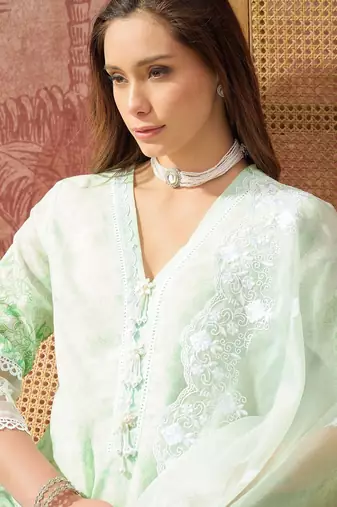 mint green thread embroidered cotton blend stitched straight trouser salwar suit set