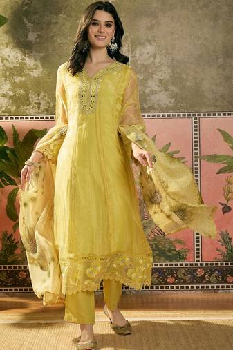 yellow zari embroidered silk blend stitched anarkali trouser salwar suit set